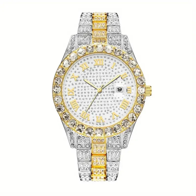2 pieces/set of luxury men's hip-hop watches, adorned with sparkling artificial diamonds and Cuban chain bracelets
