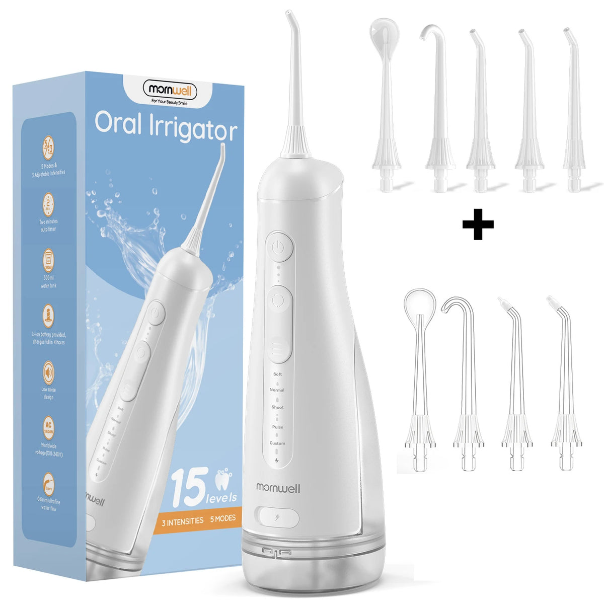 Mornwell Water Dental Flosser Pick for Teeth: 4 Modes 13 Water Levels Cordless Portable 300ML Tank Cleaning Picks F42(F5048)