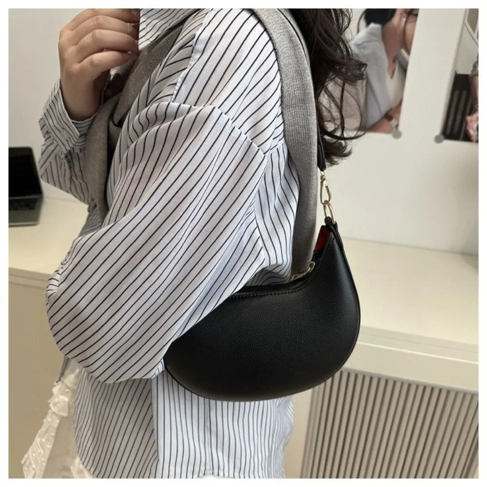 Casual PU Leather Shoulder Bag Moon-shaped Large Capacity Underarm Bag Solid Color Tote Handbag Women's Handbags