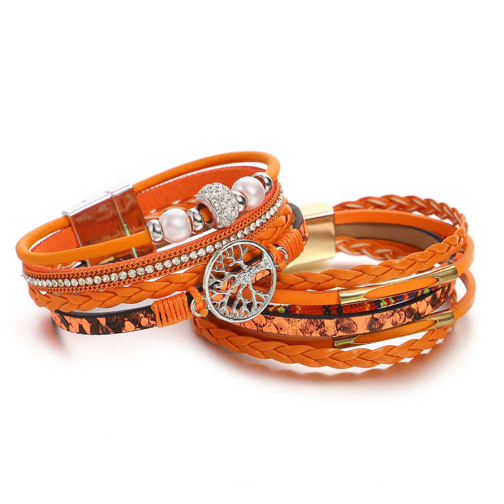 Amorcome Retro Tree of Life Orange Leather Bracelet Women Fashion Rhinestone Imitation Pearl Multi Layer Wove Bracelet Gifts