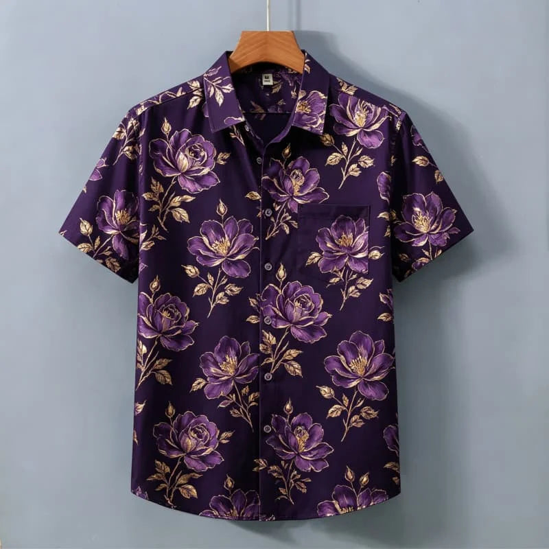 Men's Light Luxury Floral Print Short Sleeved Shirt With pockets,  Personalized Top For Holiday Beach Vacations