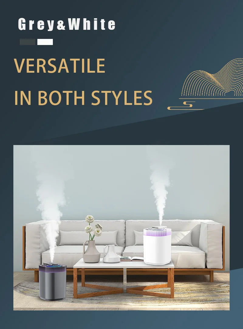 Humidificador de ar ultrassónico de 3L com névoa fria, luz noturna e três bicos, humidificador aromático USB silencioso para casa