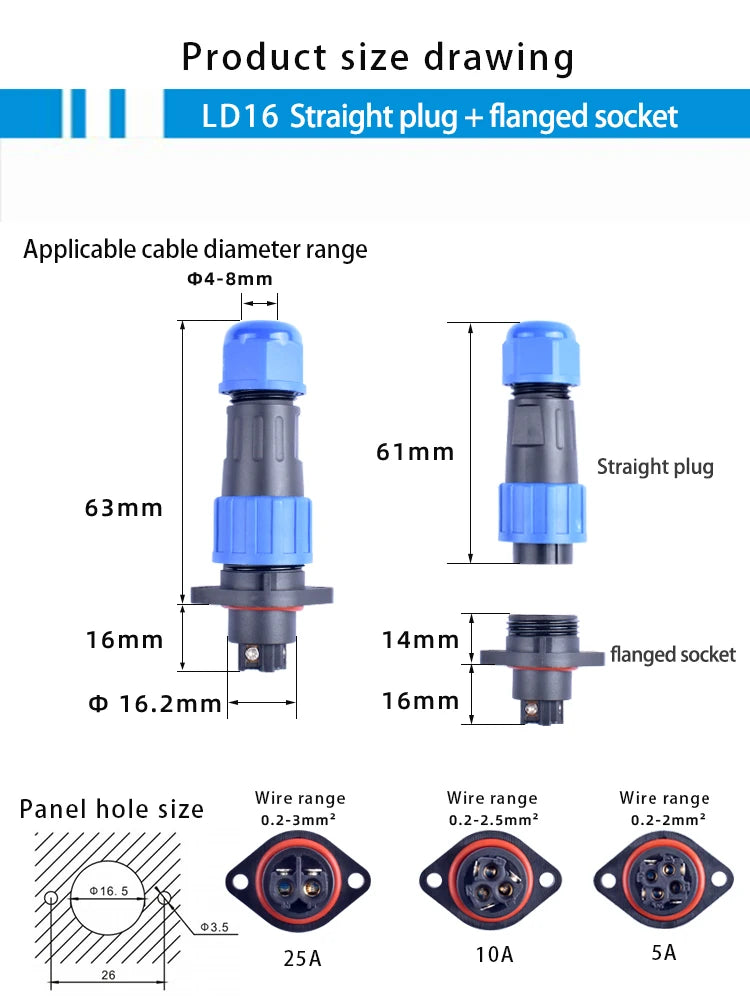IP68 Waterproof Male Female Electrical Connector LD Series2/3/4/5/6/7/9-Pin Panel-Mount Screw Wire Cable Aviation Plug Connector