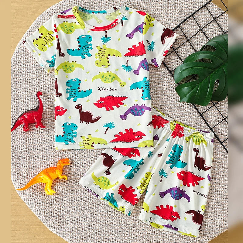 2-pcs Children's Summer Fashion Print Home Clothes Suit Boy Comfortable Joker Dinosaur Short-sleeved Girl Sweet Pink Shorts Suit