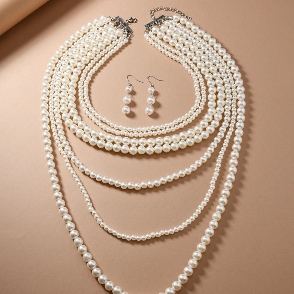 Fashiona Elegant Multi-layer Imitation Pearl Handmade Beaded Statement Necklace Women Wedding Party Accessories Sweater Chain