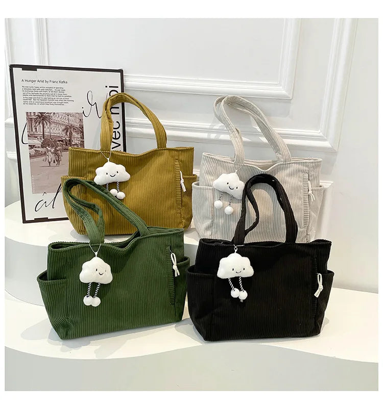 Corduroy Women Bag Fashionable Large Capacity Handbag Shoulder Bag Versatile Artistic Retro Student Class Bag with Zipper Pocket