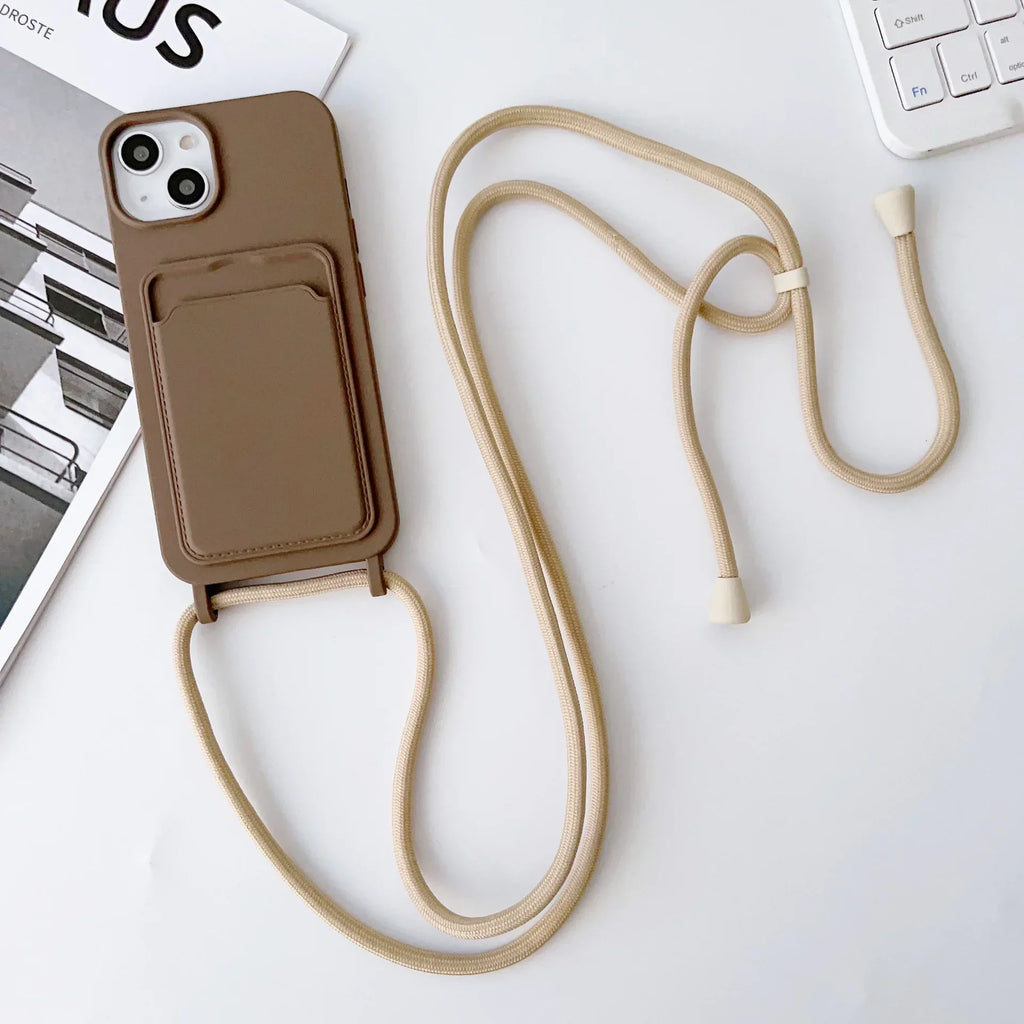 Crossboby Lanyard Rope Phone Case with Card Holder For iPhone 17 16 E 15 14 13 12 11 Pro Max Necklace Strap Soft Silicone Cover