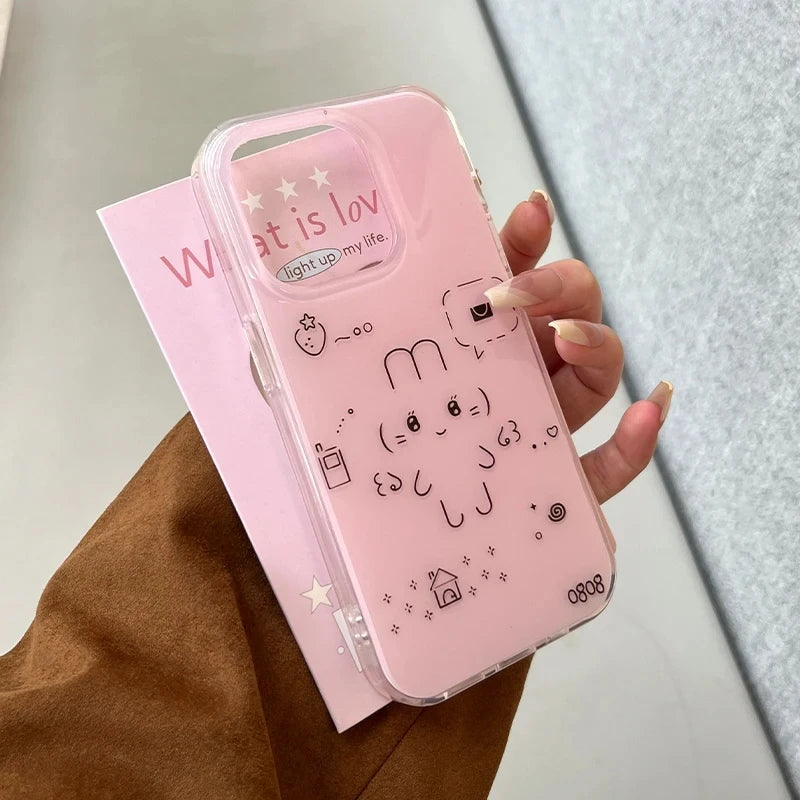 Ins Korean Cute Line Rabbit Cat Lovely Graffiti Phone Case For iPhone 17 AIR 16 15 14 13 12 11 Pro MAX 16 PLUS Y2K Kawaii Cover