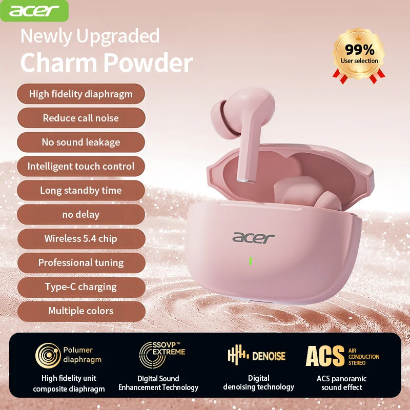 Acer Ohr504 Wireless Bluetooth Headphones, In-Ear Design, Noise Reduction, Comfortable to Wear, Suitable for Sports and Running, Compatible with Mobile Phones, Tablets, and Laptops, Women's Model, Multiple Colors
