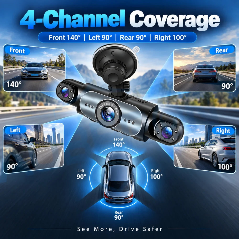 4 Channel Dash Cam 360° Car Video Recorder Black Box with Night Vision 24/7 Parking Monitor G-Sensor Loop Recording Auto Parts