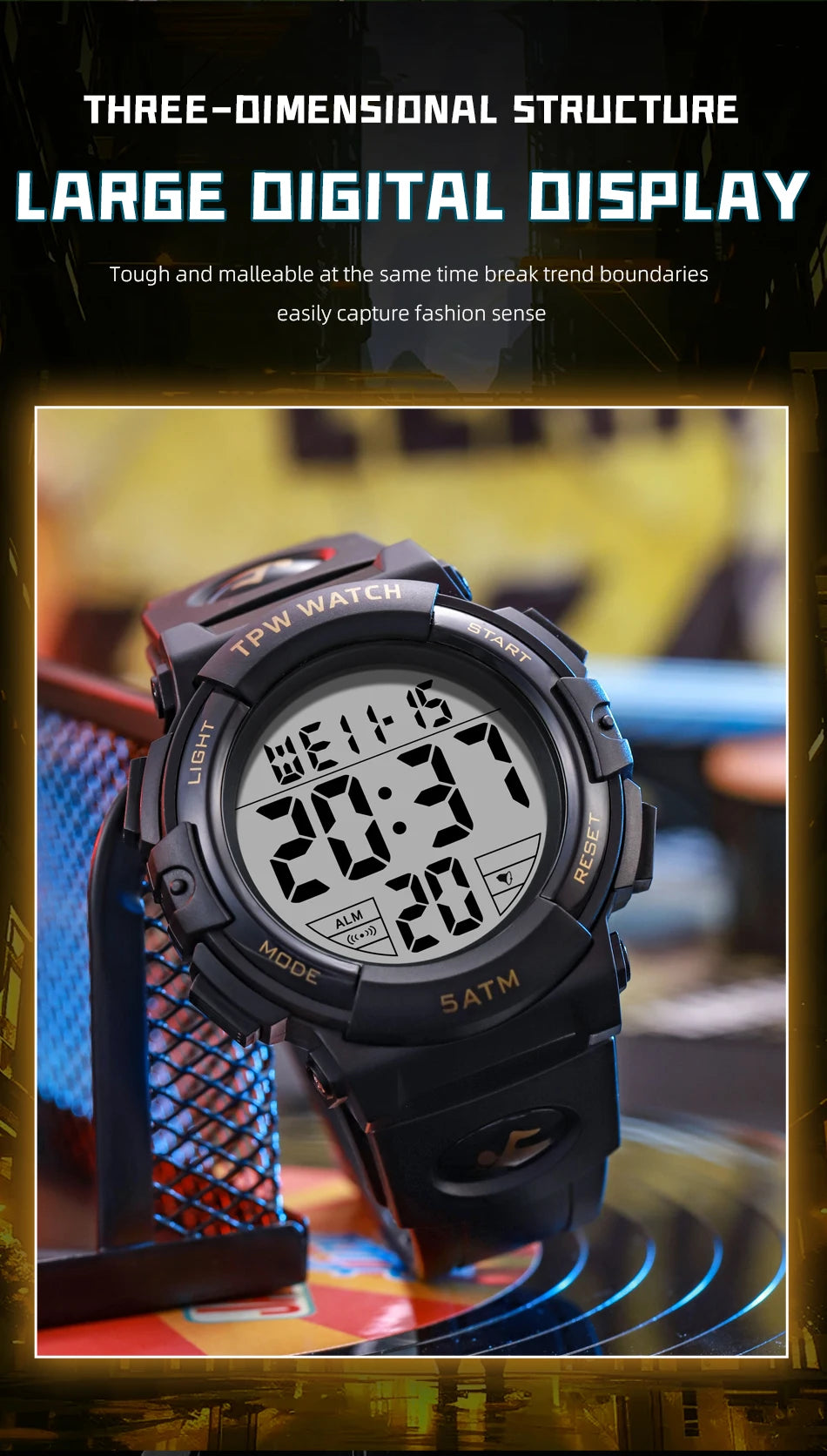 TPW Digital Watch with Big Numbers 5ATM Water Resistant Day Date Alarm Function Adventure Watch