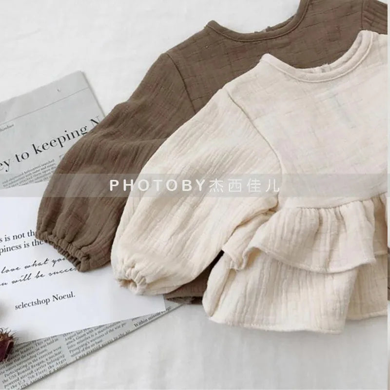 Children's Korean Version Spring and Autumn New T-shirt, Girls' Lotus Leaf Lace Drawstring Long Sleeved Cotton Yarn Top