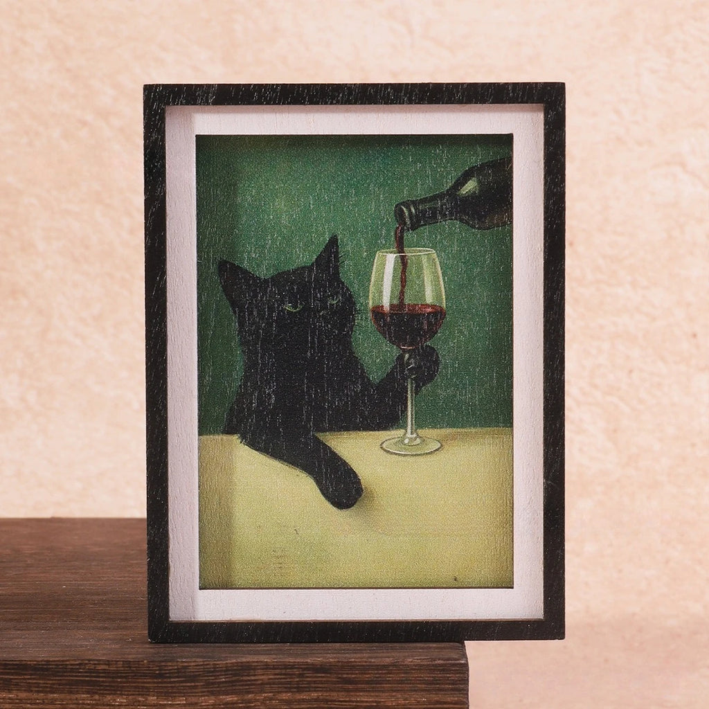 Black Cat Wine Fridge Magnet, Cute Mini Framed Art Refrigerator Magnet, Summer Home Decor Magnet for Kitchen, Fridge, Whiteboard