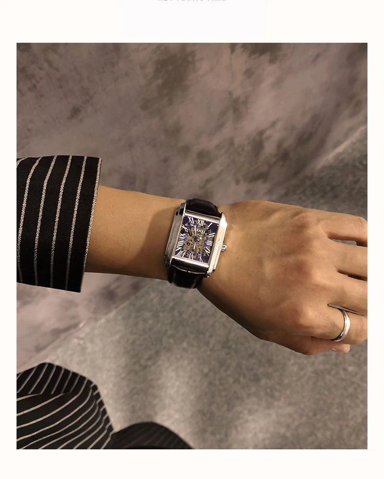 Square Skeleton Mechanical Watches for Man Luxury Business Casual Man Automatic Watch Leather Strap Gift Hand Clock for Men