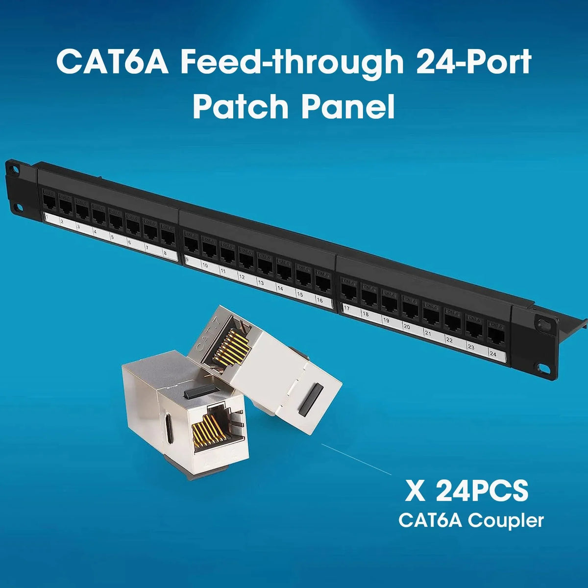 ZoeRax 24 Port Patch Panel with Cat6 Cat6A RJ45 Coupler  1U/19-Inch Patch Panel Removable Back Bar Ethernet Distribution Frame