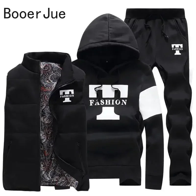 3 Pieces Set Hoodies+Vest+Pants Casual Men's Track Suit Clothing Coats Winter Thick Warm Tracksuit for Men Printed Mens Set Vest