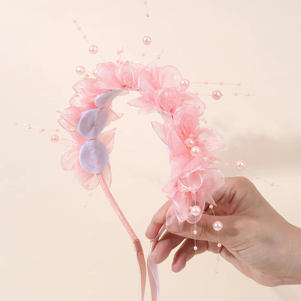 Fairy Flower Headband Sweet Lovely Girl Lace Floral Pearls Hair Hoop For Princess Wedding Birthday Headwear Accessories Gifts