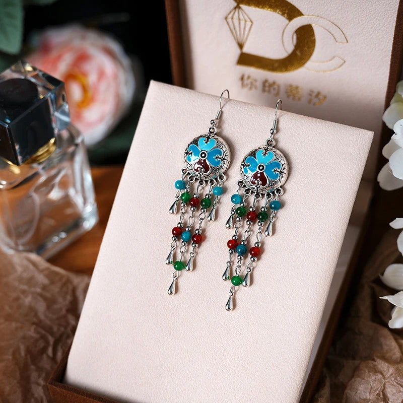Vintage Ethnic Style Metal Tassel Water Drop Earrings for Women Round Drop Glaze Crystal Beads Handmade Earring Female Jewelry