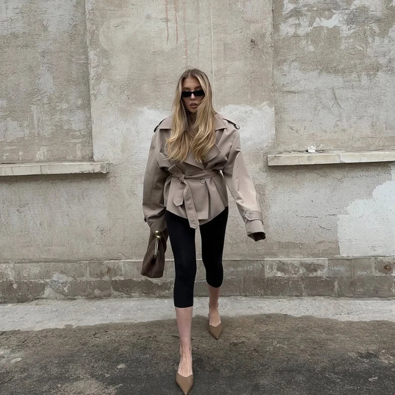 Solid Belted Waist Short Trench Coat Women Chic Wide Lapel Epaulet Detail Loose Long Sleeve Coats Fall Daily Commuter Outerwear