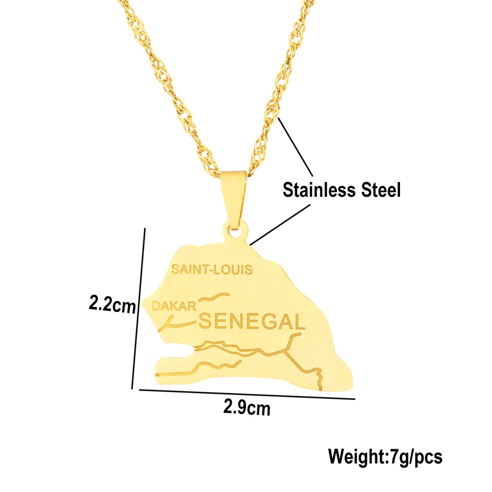 African Sénégal Map Flag Pendant Necklace Stainless Steel Men Women Senegal Maps Jewelry Gift