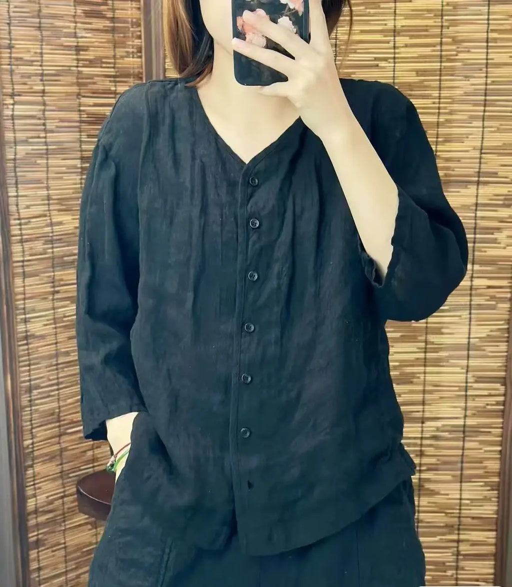 Women's Shirt 2025 Spring Summer Cotton and Linen Round Neck Retro Ladies Blouse Solid Age Reduction Lady Cardigan T-shirt