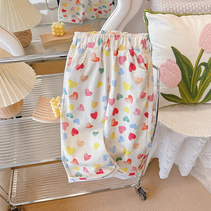 2025 New Spring Kids' Straight Pants Girls Cute Cartoon Heart Casual Pants Children Cotton Loose Trousers Outwear Clothes