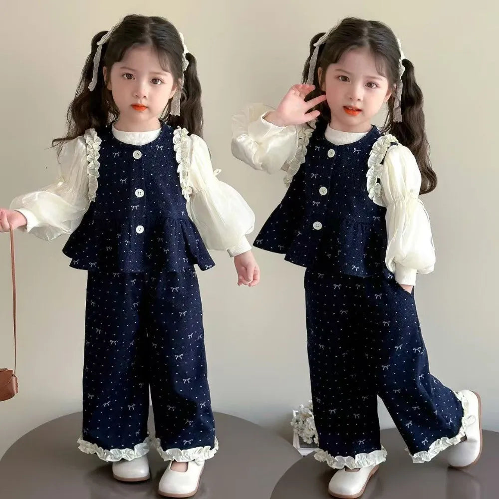 Bear Leader Children's Clothing Autumn Imitation Denim Ruffle Girls Clothes Bow Printed Vest+Long Sleeved Shirt+Pants 3 Pcs Set