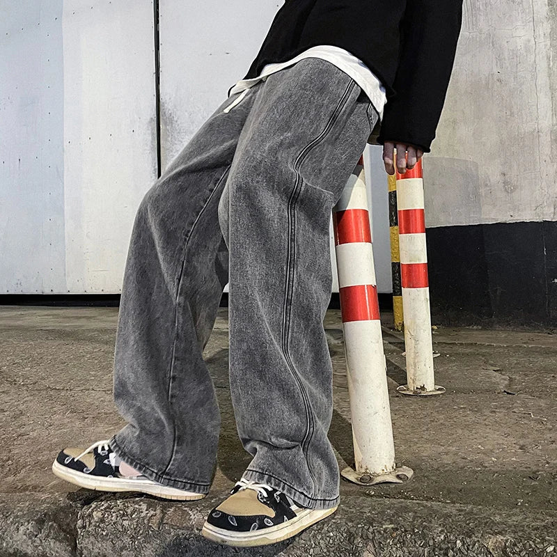 Korean Fashion Men's Baggy Jeans Elastic Waist  Classic olid Color Straight-leg Denim Wide-leg Pants Male Light Blue Grey Black