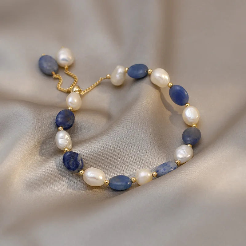 Trendy Blue Jade Stone & Baroque Freshwater Pearl 14K Gold Filled Female Charm Bracelet Jewelry For Women Birthday Gifts