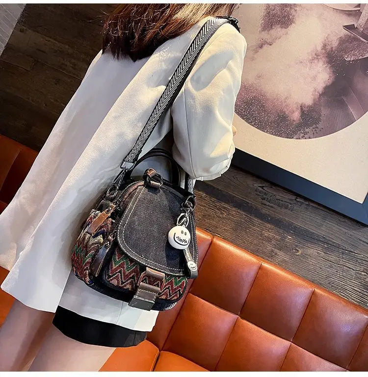 Denim Small Backpack  New Contrast Color Women Bag Retro Ethnic Style Embroidered Multifunctional Bagpack Crossbody Bolsa