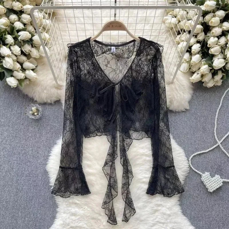 Women's Lace Cover Up Cardigan Cropped Tie Front Bell Sleeves Blouse Lightweight Shawl Jacket Outwear Blouse For Covers Clothing