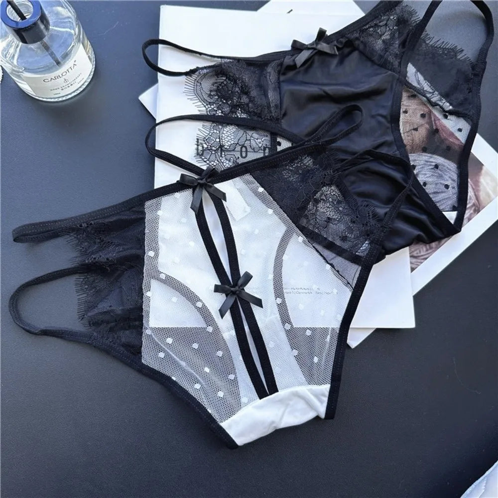 Cute Low Waist Underwear for Women Bow Transparent Sweet Lace Panties Hollow Mesh Satin Silk Briefs Female