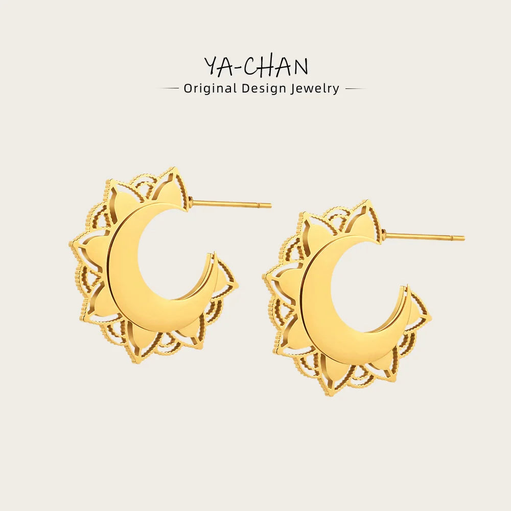 YACHAN Trendy Metal Stainless Steel C-Shaped Hoop Earrings for Women Geometric PVD 18K Gold Plated Waterproof Jewelry