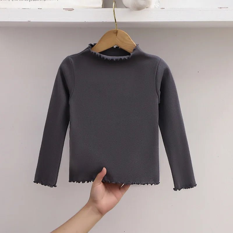 Autumn Kids Long Sleeve T-Shirt Ruffle Trim Solid Color Top For 1-8Y Girls Casual Soft Warm Children Clothing