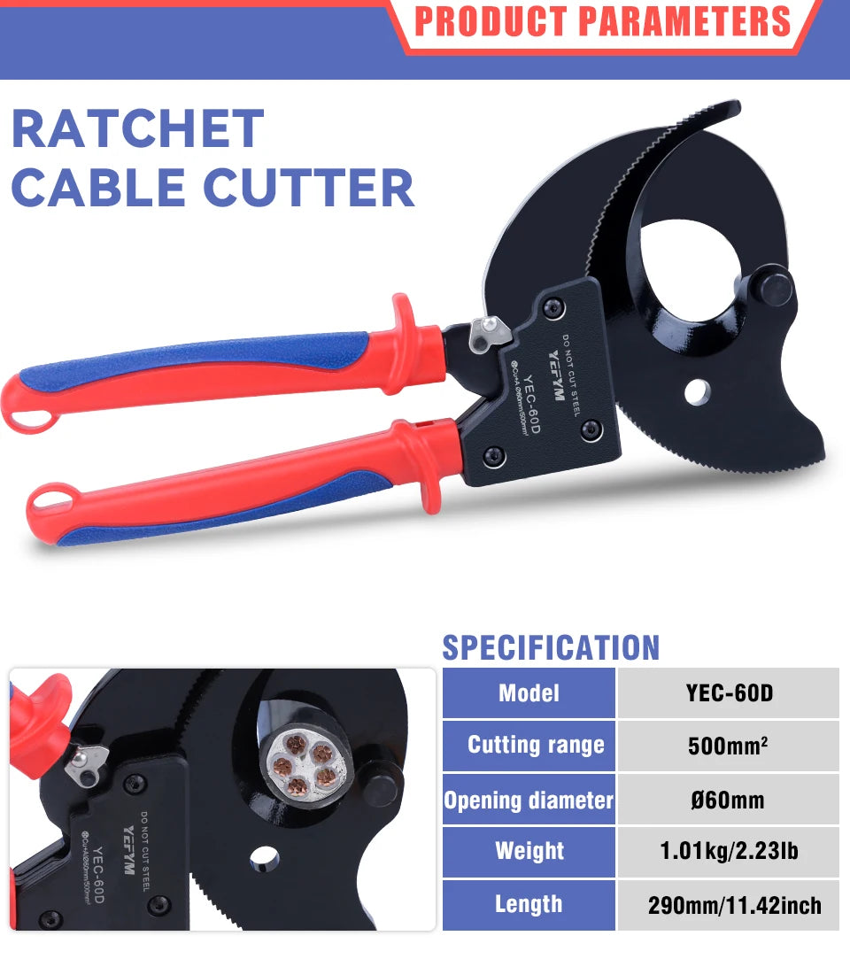 Cable Cutter/Wire Plier/Wire Cutter/Cable Cutting Pliers - Manual Ratchet-type Special-purpose Cable Cutter YEC-60D Max 500mm²