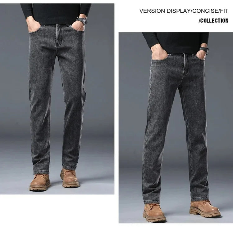 2025 New Winter Men Black Straight Stretch Denim Thick Velvet Pants Warm Jeans Casual Fleece Line Trousers Male Plus Size