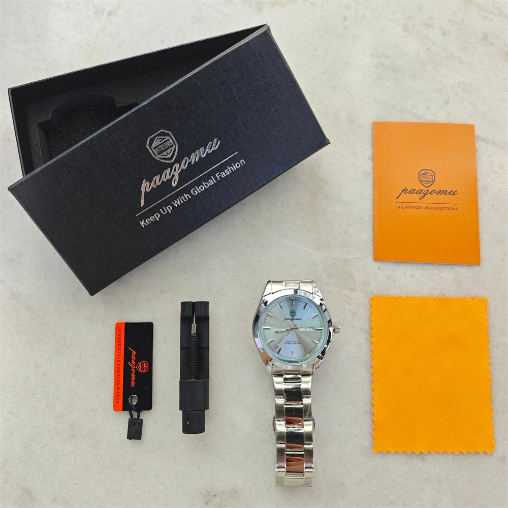 PAAZOMU Fashion Men's Quartz Watch Luminous Hands Date Week Stainless Steel Strap Waterproof Casual Wristwatch Quartz Men Watch
