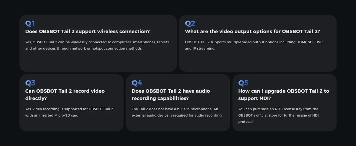 OBSBOT Tail 2 PTZR NDI Camera 4K@60FPS, Pro AI Tracking, 1/1.5" CMOS, 50MP, 5X Optical Zoom, 12X Hybrid Zoom, SDI/HDMI/IP/USB 3.