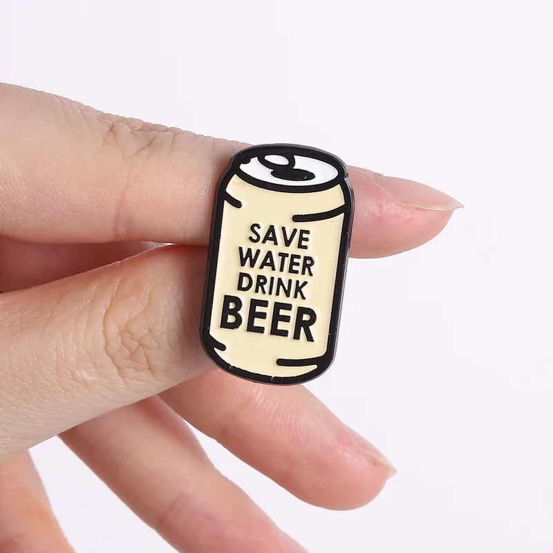 Humor Cartoon Can Enamel Pins Save Water Drink Beer Metal Brooches Fashion Lapel Badge Backpack Clothes Jewelry Gift for Friends