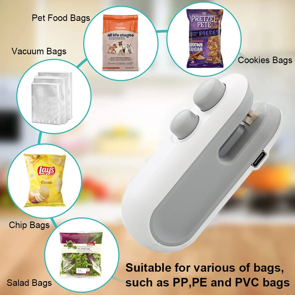 Portable 2-in-1 USB Rechargeable Mini Heat Sealer with Cutter Magnetic Bag Resealer Machine for Plastic Bags Snacks Storage