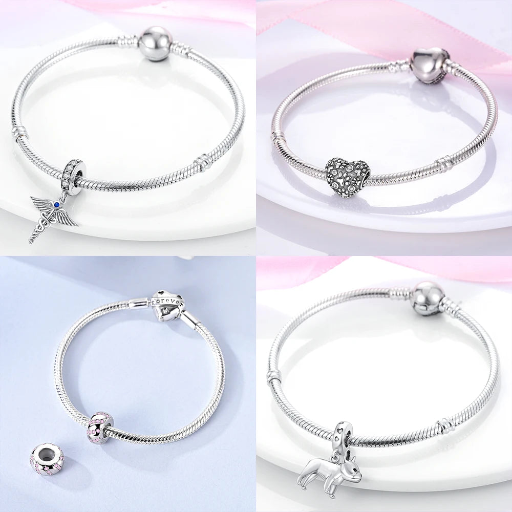 Original Inlaid Zircon Charm Beads 925 Silver Color Love Heart Snake Dangle Bead Fit Bangle Bracelet Pendant Jewelry Fine Gift
