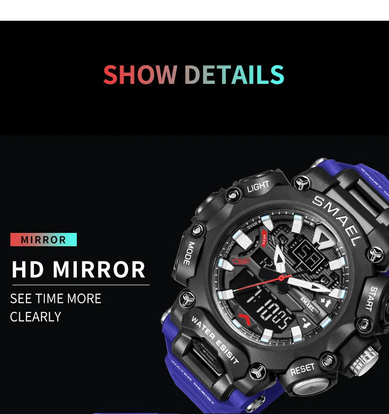 Military Watch Sport Waterproof 50M Stopwatch Analog Digital Wristwatches Week Display Alarm Clock 8053 Digital Watches Mens