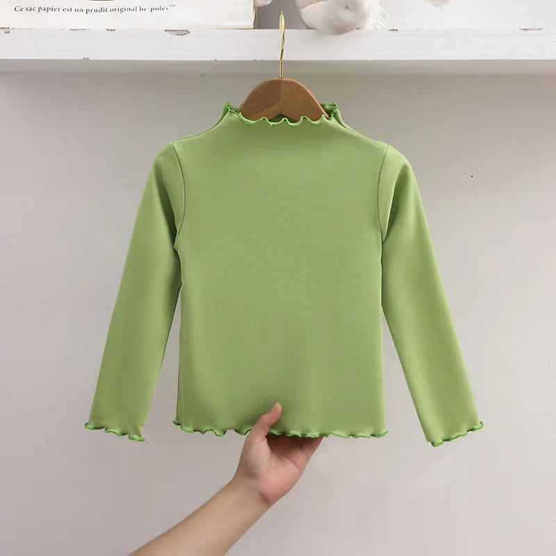 Autumn Kids Long Sleeve T-Shirt Ruffle Trim Solid Color Top For 1-8Y Girls Casual Soft Warm Children Clothing