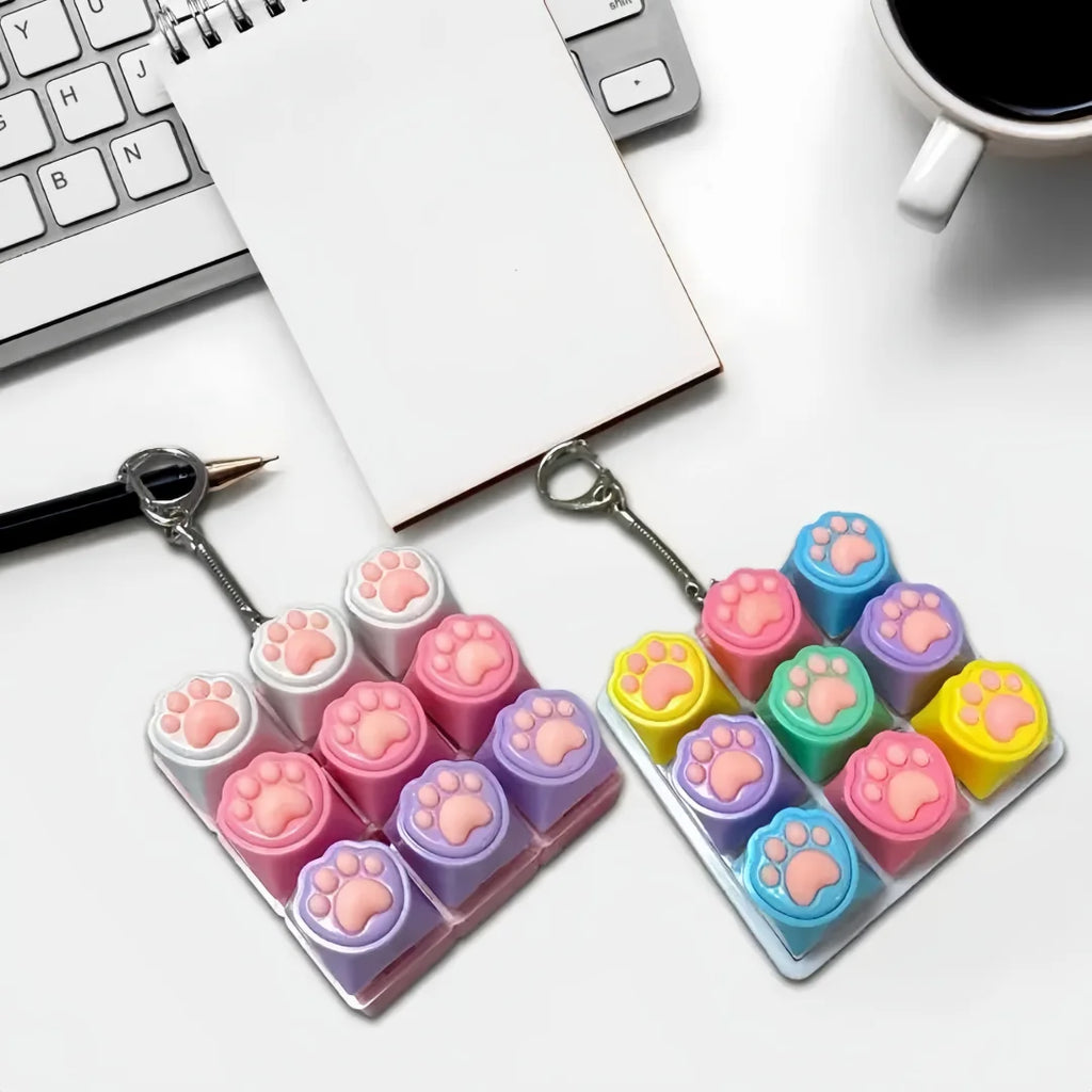 Clicky Keycap Clicker Keychain 9‑Buttons Cat Paw Keyboard Fidget Toys for Adults For Office Work School Stress Relief Anxiety