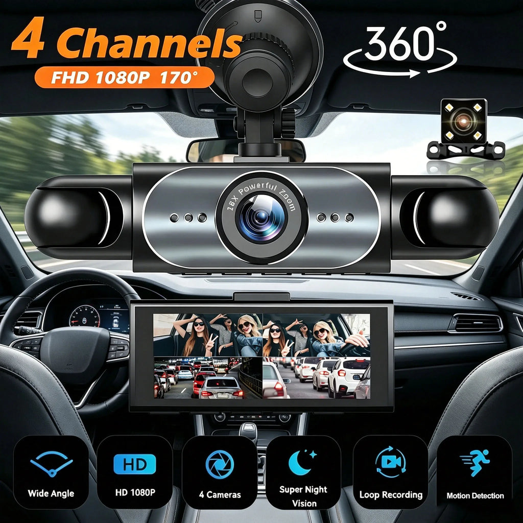 4 Channel Dash Cam 360° Car Video Recorder Black Box with Night Vision 24/7 Parking Monitor G-Sensor Loop Recording Auto Parts