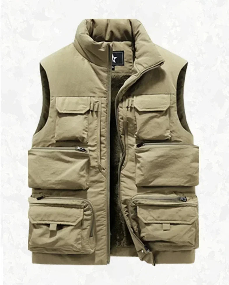 Men's New Keep Warm Fleece Work Sleeveless Jacket Slim Fit Windbreaker Fashion Many Pocket Jacket Men Winter Sleeveless Jackets