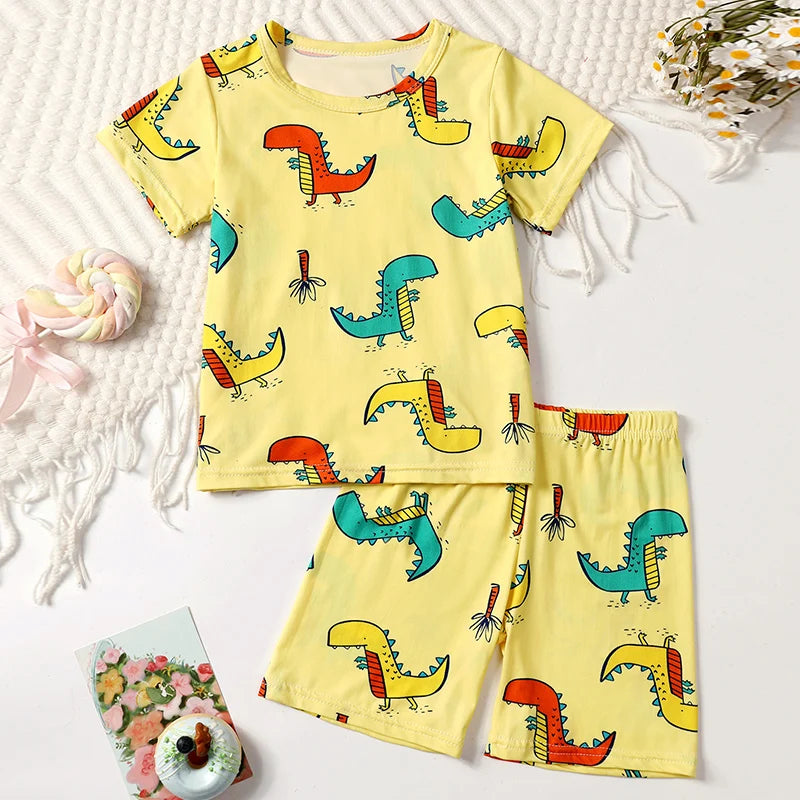 2-pcs Children's Summer Fashion Print Home Clothes Suit Boy Comfortable Joker Dinosaur Short-sleeved Girl Sweet Pink Shorts Suit