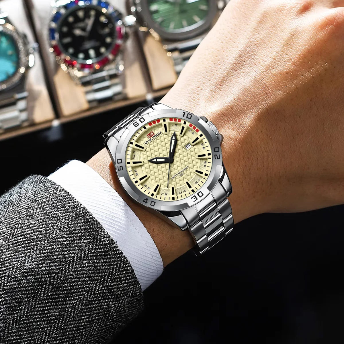Stainless Steel Men Quartz Watch Business Fashion 45mm Calendar Clock Silver Sports 3Bar Waterproof Gift Wristatch for Men Reloj