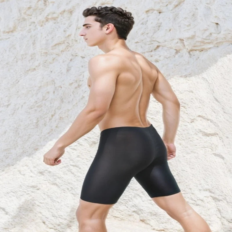 Men Boxers Shorts Silicone PU One-piece U Convex Pouch Pants Soft Elastic Panties Tight Low Waist Safety Trunks Short Waterproof