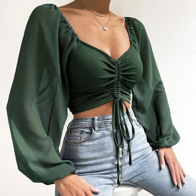 Woman Chiffon Knit Tshirts Long Puff Sleeve Sexy Close-Fitting T-shirt Spring Autumn V-neck New Fashion Solid Simple Tops Tees